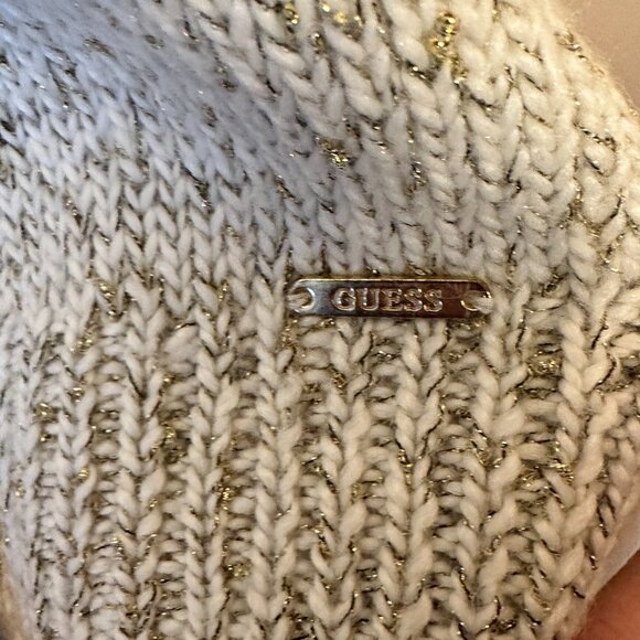 Women's L Guess Embellished Sweater White Metallic Gold Thread Crew Neck - Picture 6 of 10